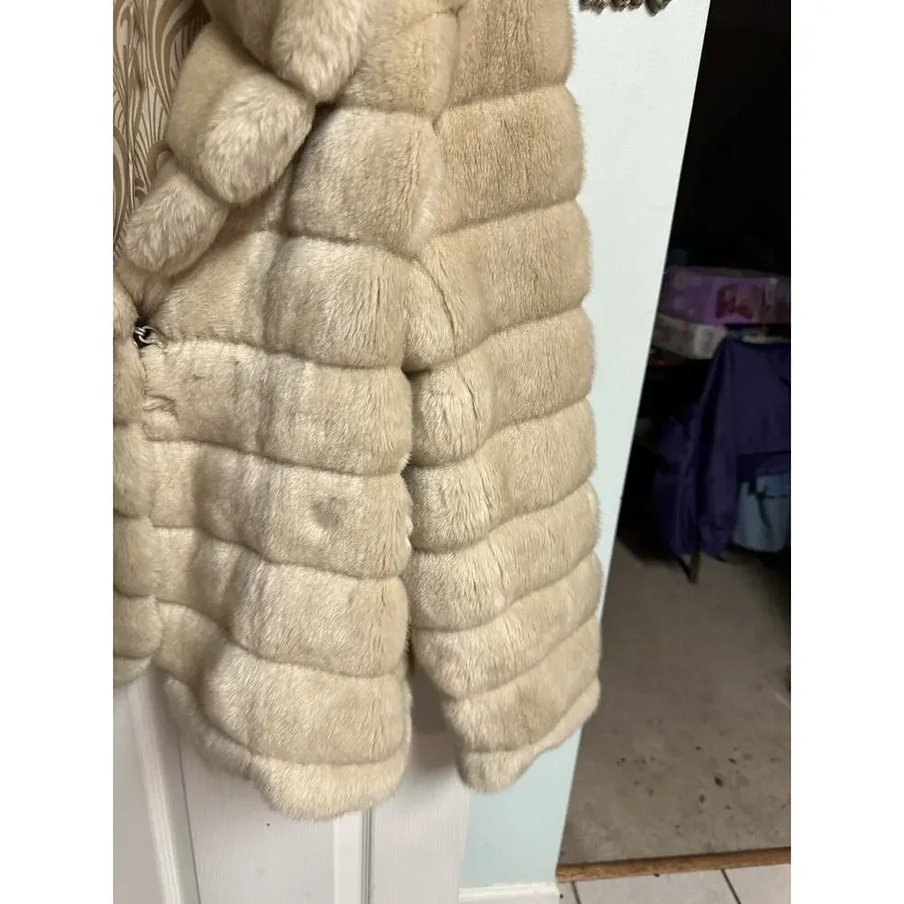 IDEOLOGY LIGHT TAN BROWN FAUX FUR JACKET RETRO STYLE Honey Coat Soft XL Hook Eye - Picture 2 of 10